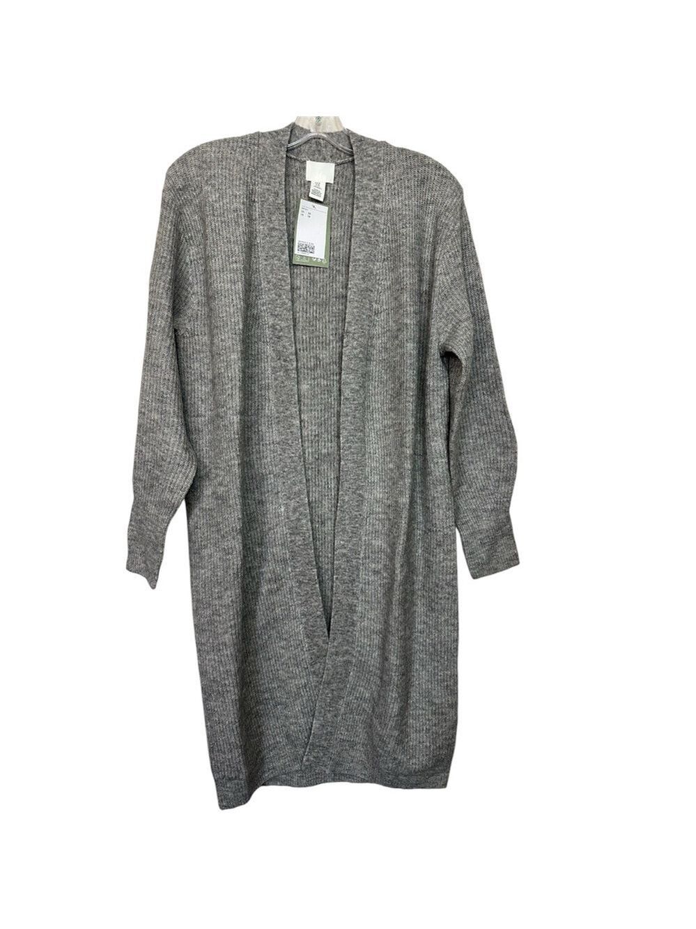 H&M Wool Blend Ribbed Knit Open Front Relaxed Fit Grey Long Duster Cardigan